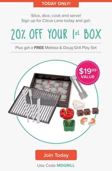 Citrus Lane 20% Off First Box + Melissa & Doug Grill Set with First Box Purchase!