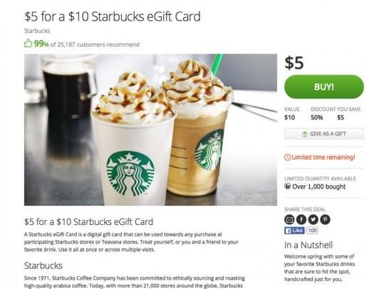 Starbucks $10 Gift Card for $5 on Groupon!