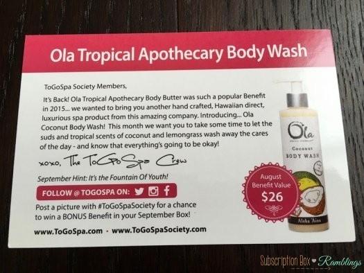 ToGoSpa Society August 2016 Subscription Box Review + Coupon Code