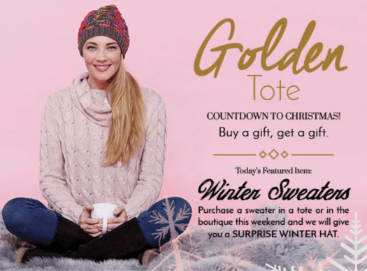 Read more about the article Golden Tote, Buy A Sweater, Get a FREE Hat!