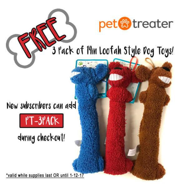 Read more about the article Pet Treater – Free 3-Pack of 14 inch Loofah Style Dog Toys!