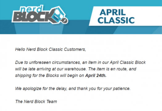 Nerd Block Classic April 2017 Shipping Delay!