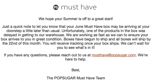 POPSUGAR Must Have Box June 2017 Shipping Update