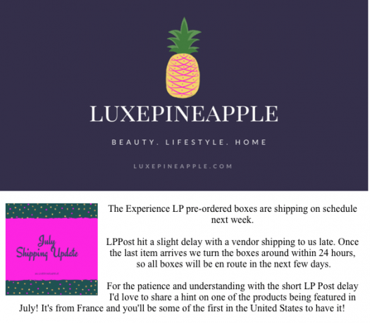 LuxePineapple Experience LP Shipping Update