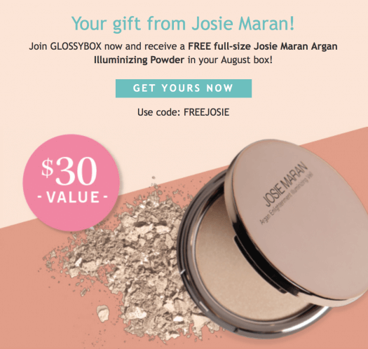 GLOSSYBOX Coupon Code – Free Josie Maran Argan Illuminizing Powder + August 2017 Spoiler(s)!