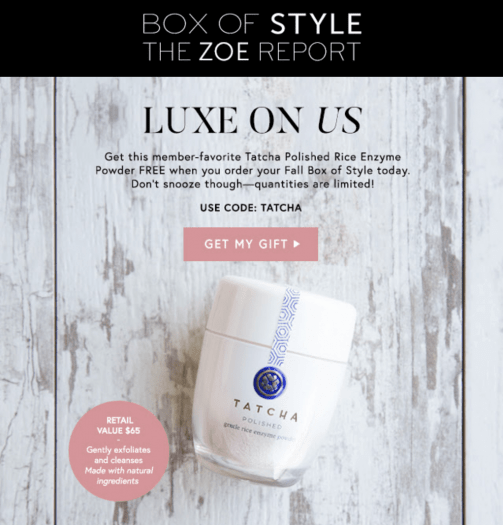 Box of Style by Rachel Zoe Fall 2017 Coupon Code - Free Tatcha Polished Rice Enzyme Powder in First Box