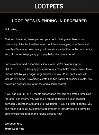 Loot Pets Ending Subscriptions