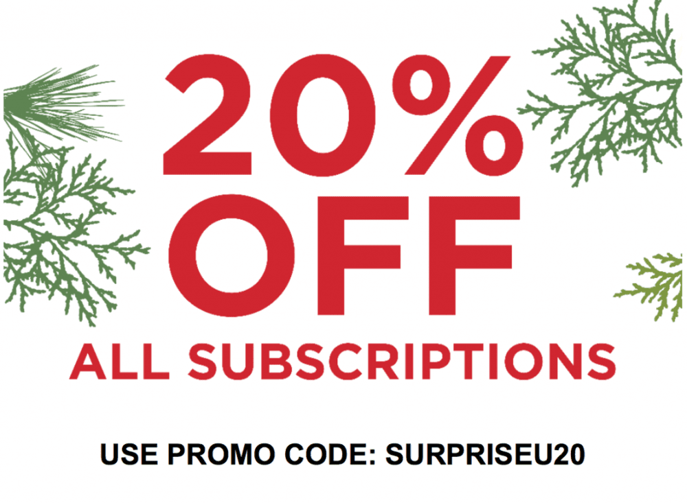 Surprise Ride is having a one-day only Flash Sale.  Today (12.1.17) only, use "SURPRISEU20" at checkout to get 20% off ANY subscription.