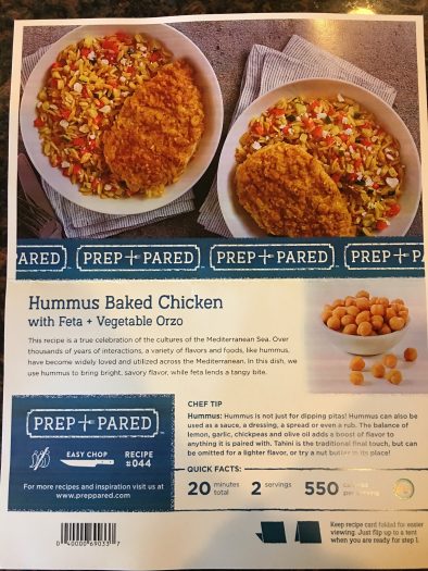 Prep + Pared Meal Kit Review - Hummus Baked Chicken