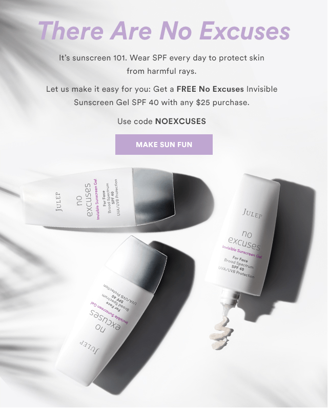 Read more about the article Julep – Free No Excuses Invisible Sunscreen Gel with $25 Purchase!