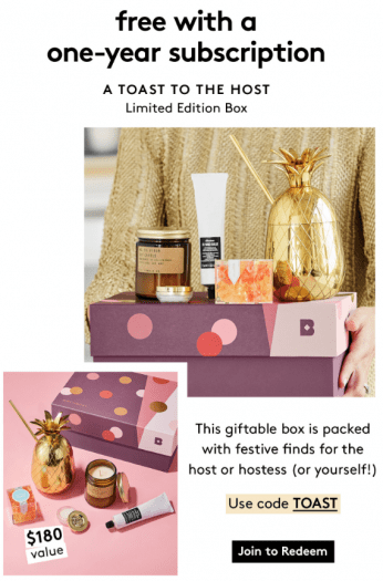 Read more about the article Birchbox – Free Limited Edition Toast to the Host Box with Annual Subscription!