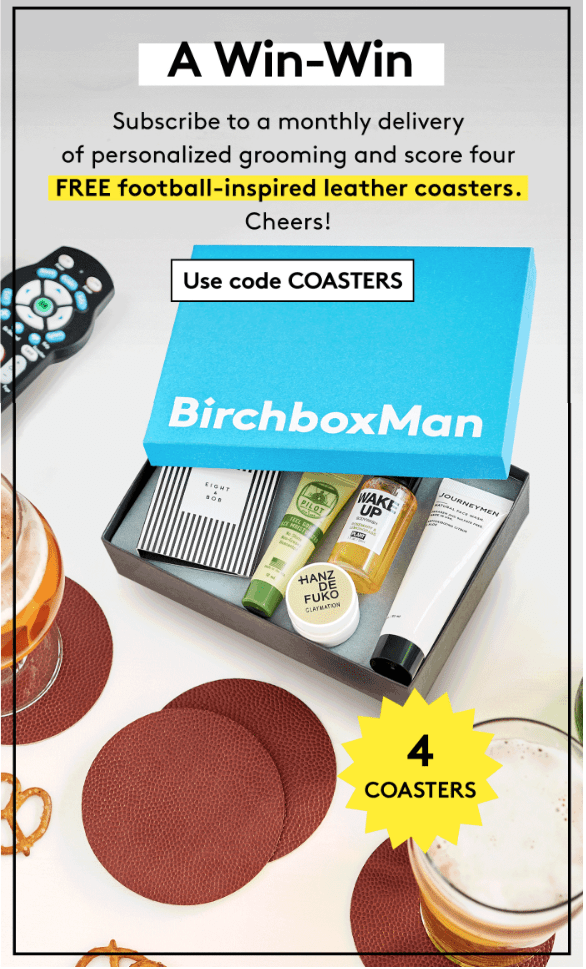 Read more about the article Birchbox Man Coupon: Free 4-pack of Football Inspired leather coasters with New Subscription