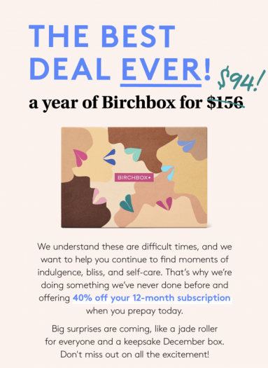 Birchbox Annual Subscription Offer – Save 40%!