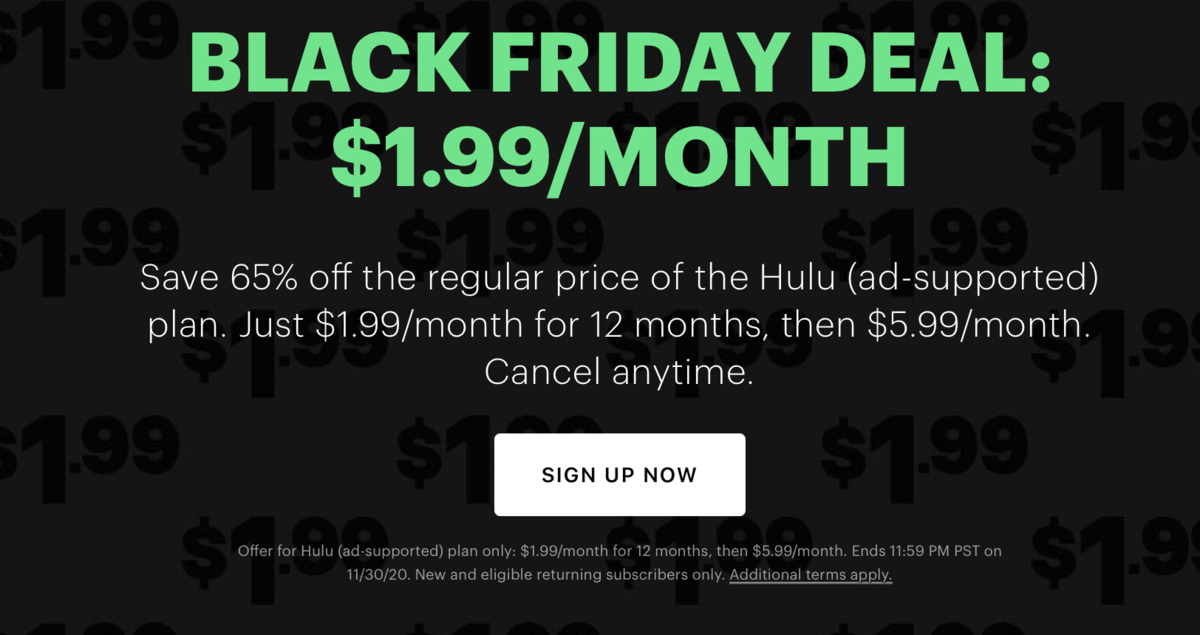 Hulu Cyber Monday Sale – 12-Months for $1.99/month!