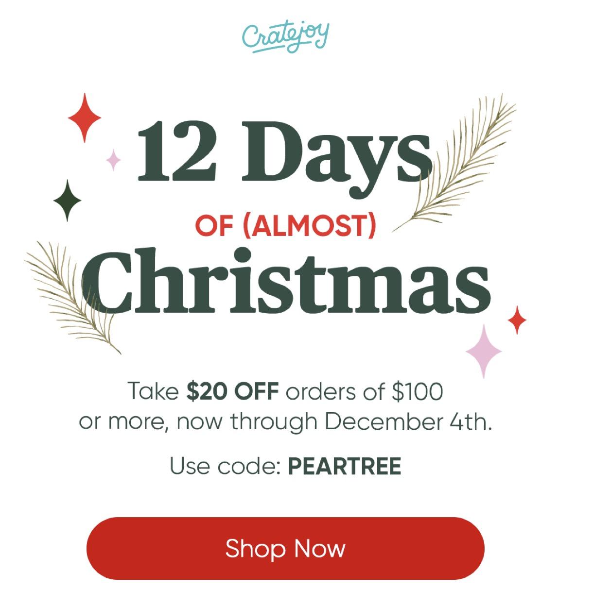 CrateJoy 12 Days of Christmas Sale – Save $20 off $100